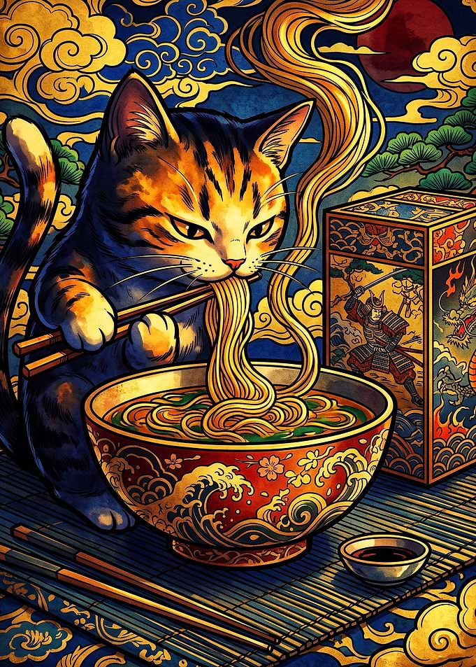 Cat Eating Ramen Japanese Art