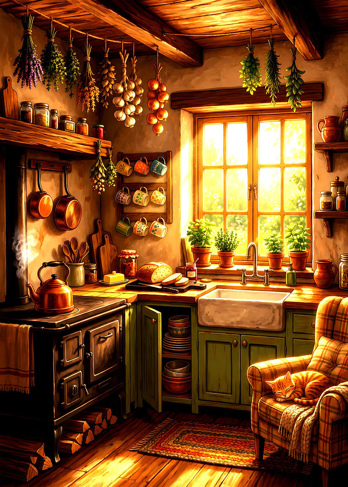 Cozy Rustic Kitchen with Sleeping Cat