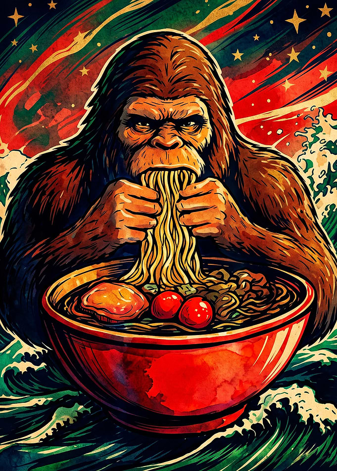 Bigfoot Eating Ramen Noodles Illustration