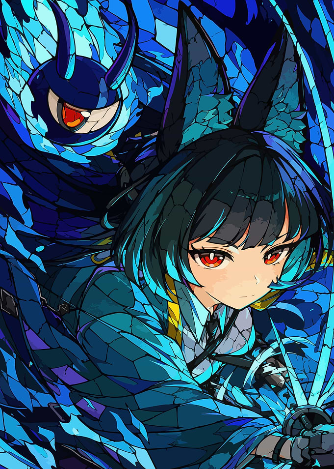 Blue Stained Glass Anime Warrior