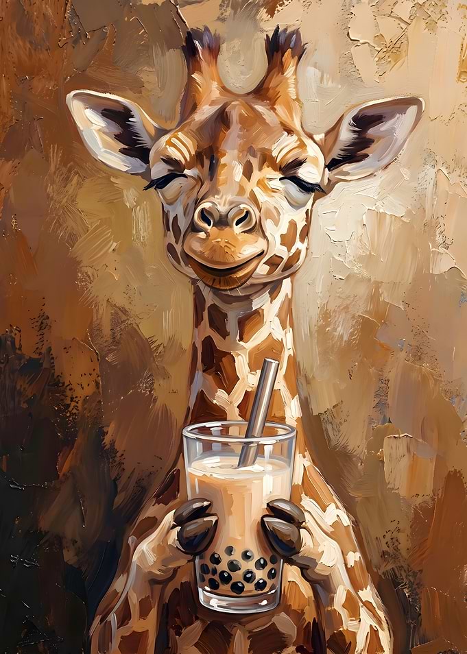 Giraffe Enjoying Bubble Tea Painting