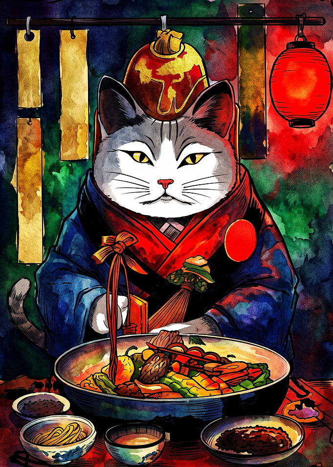 Samurai Cat Eating Ramen