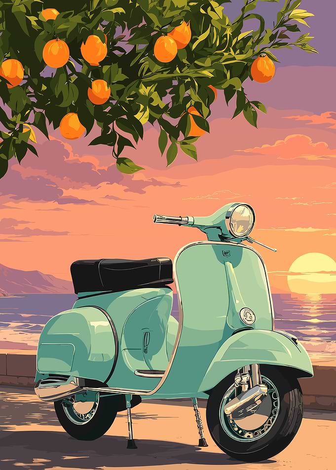 Vintage Scooter Under Orange Trees