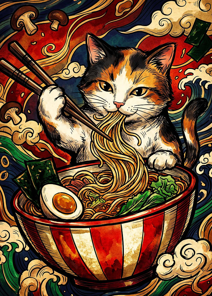 Calico Cat Eating Ramen Illustration