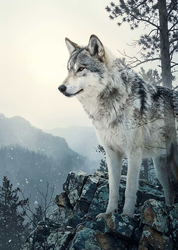 Majestic Gray Wolf on Mountain Peak in Forest Nature