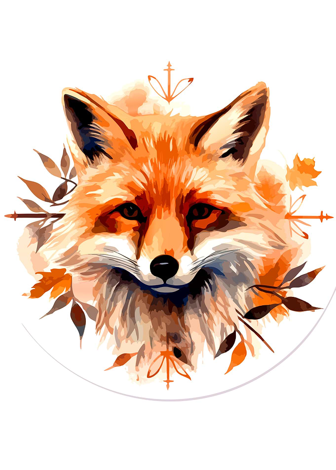Watercolor Fox Portrait with Autumn Leaves