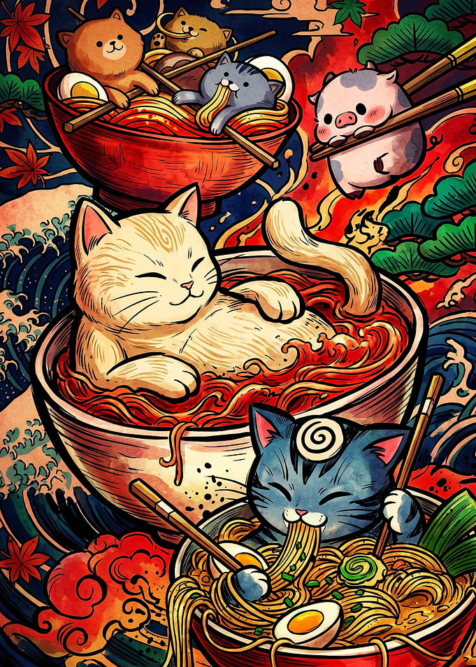 Cute Cats Eating Ramen Art