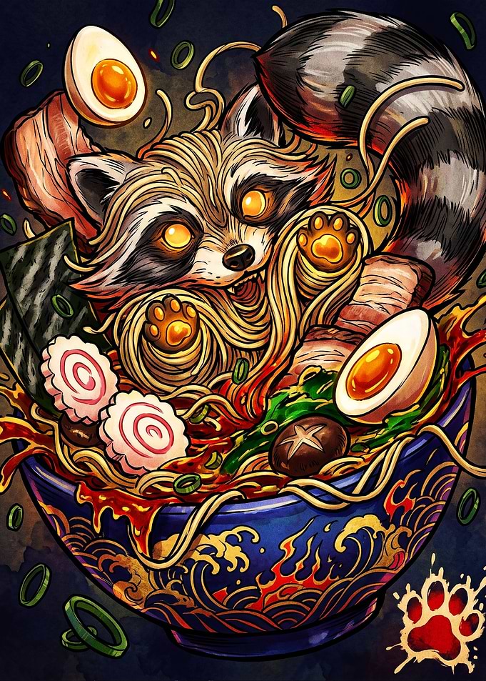 Raccoon Eating Ramen Bowl Illustration