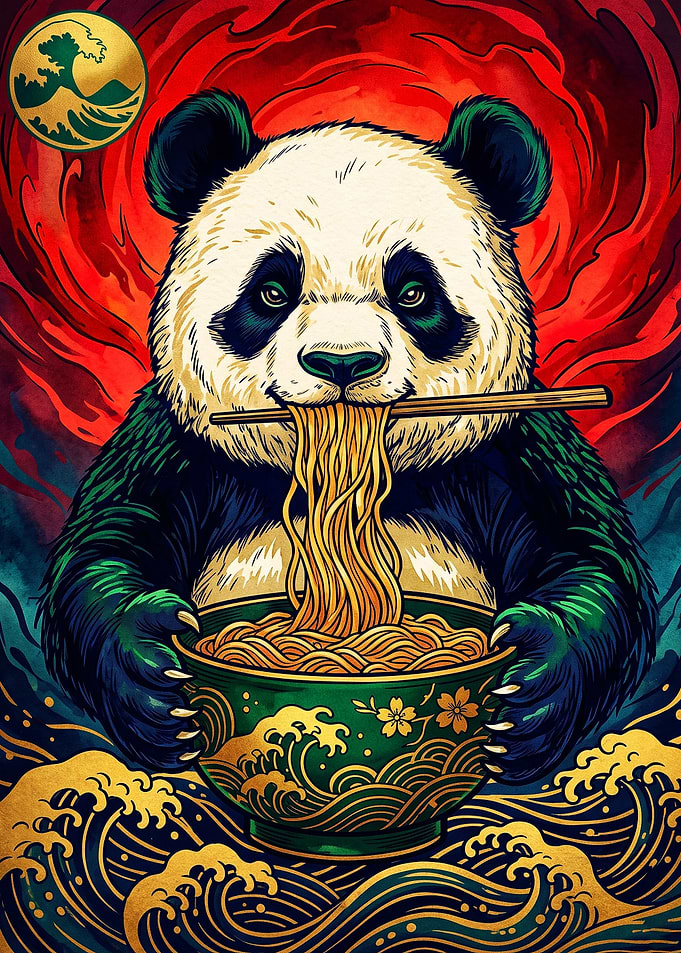 Panda Eating Ramen Japanese Style Art