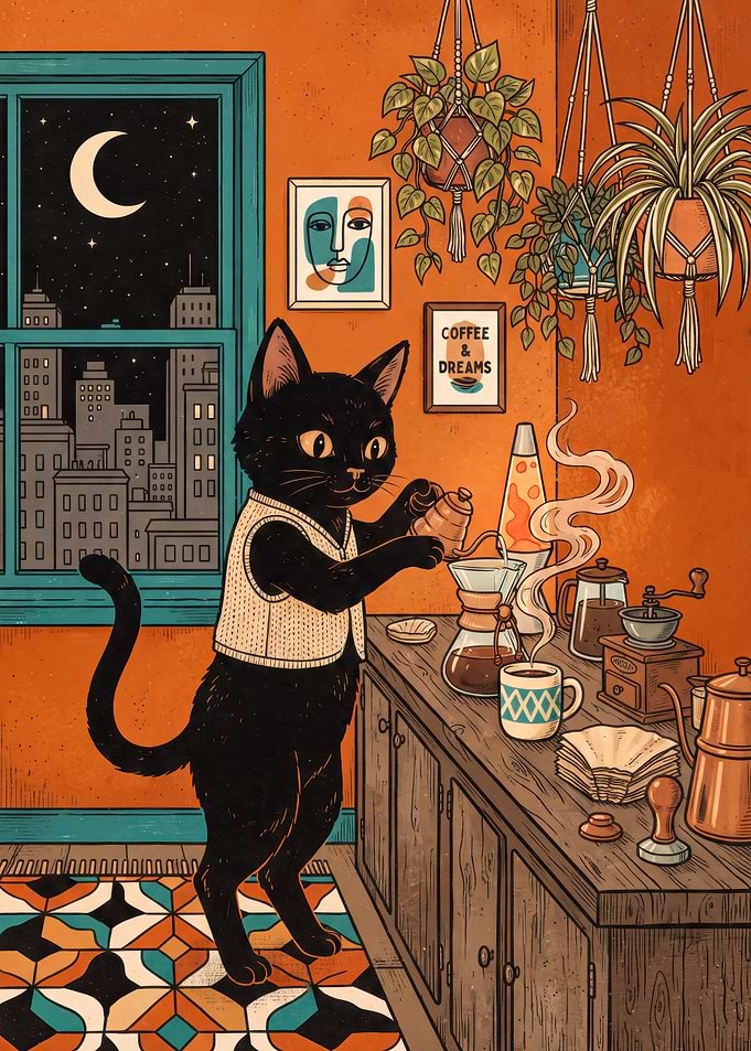 Black Cat Brewing Coffee at Night