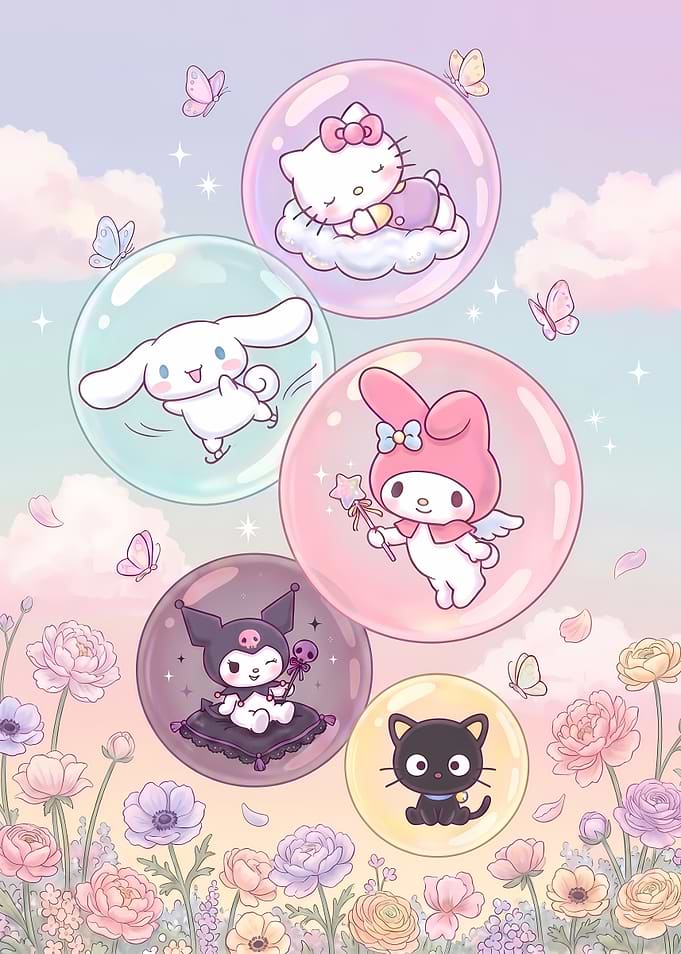 Sanrio Characters Floating in Bubbles