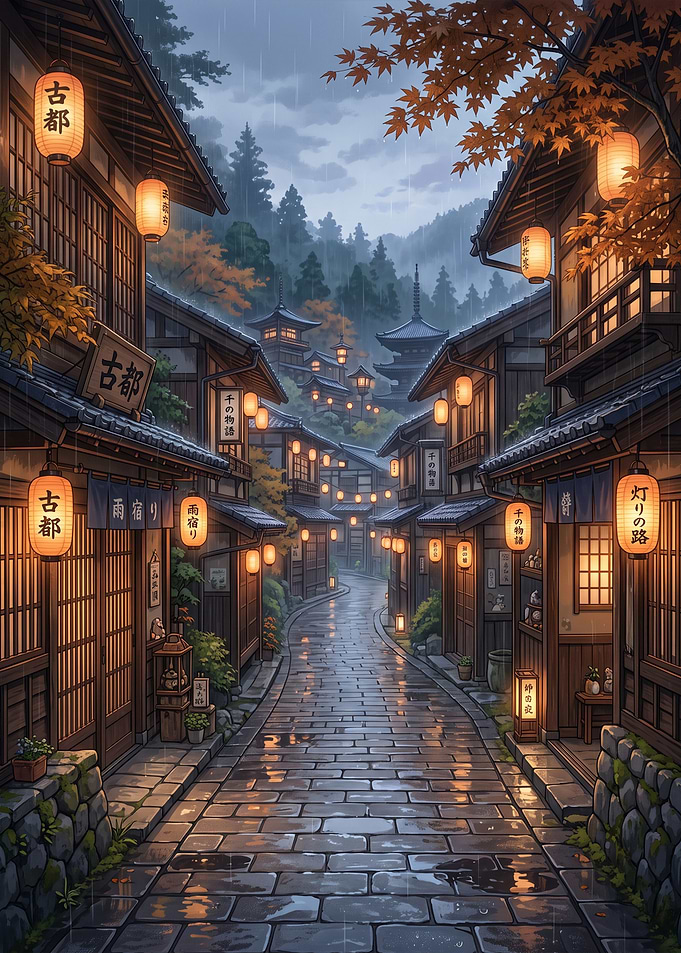 Rainy Traditional Japanese Street Scene