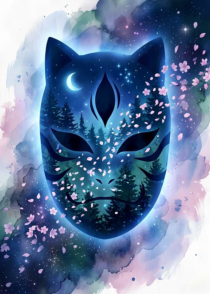 Ethereal Kitsune Mask with Forest Scenery