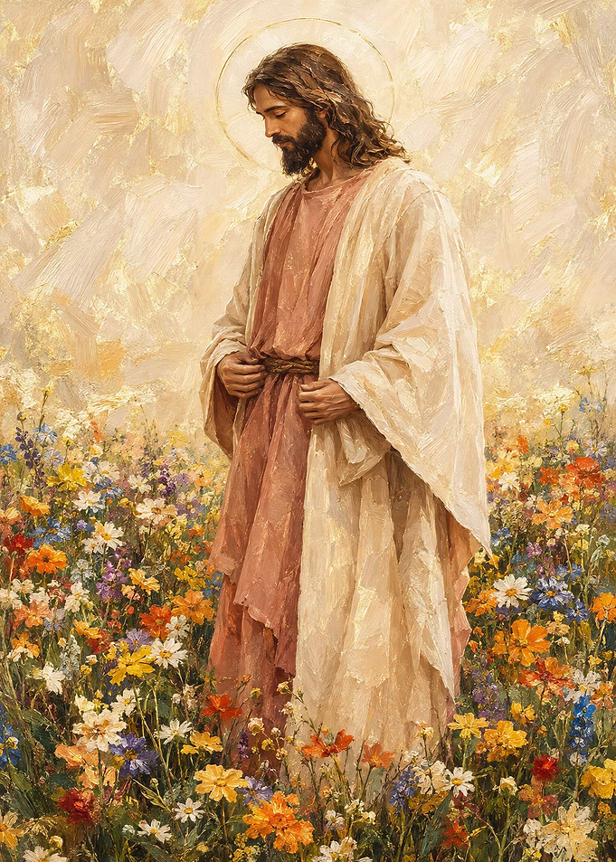 Jesus Standing in a Flower Field