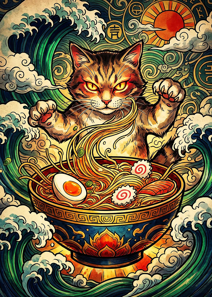 Cat Eating Ramen Ukiyo-e Style