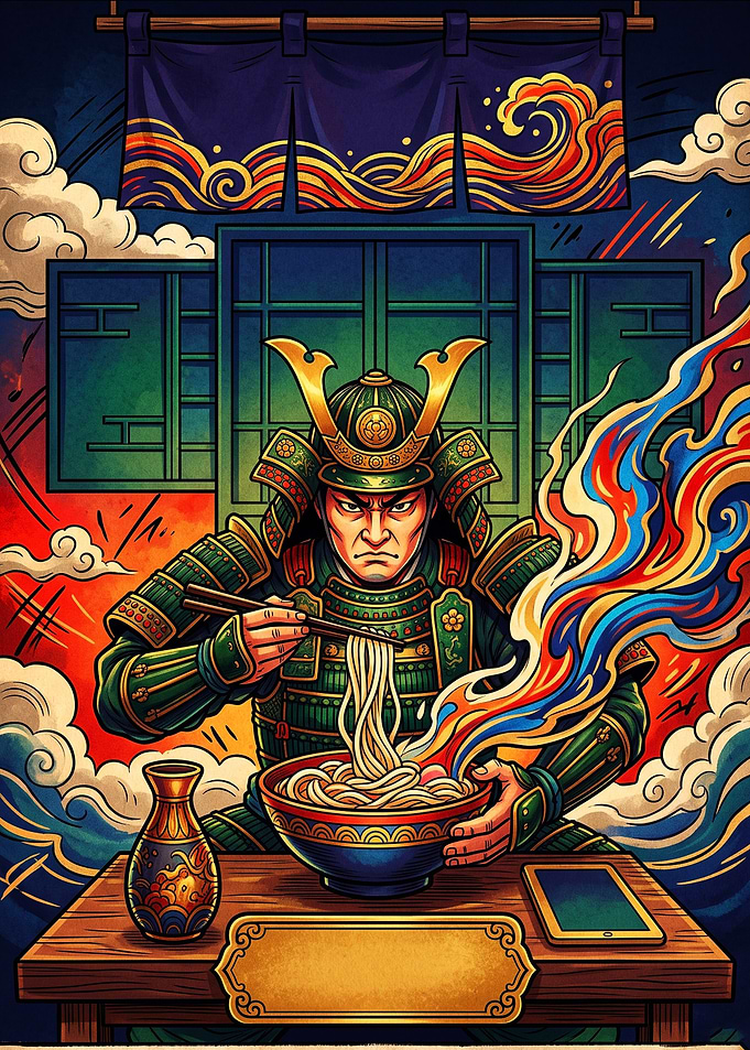 Samurai Eating Ramen Digital Illustration