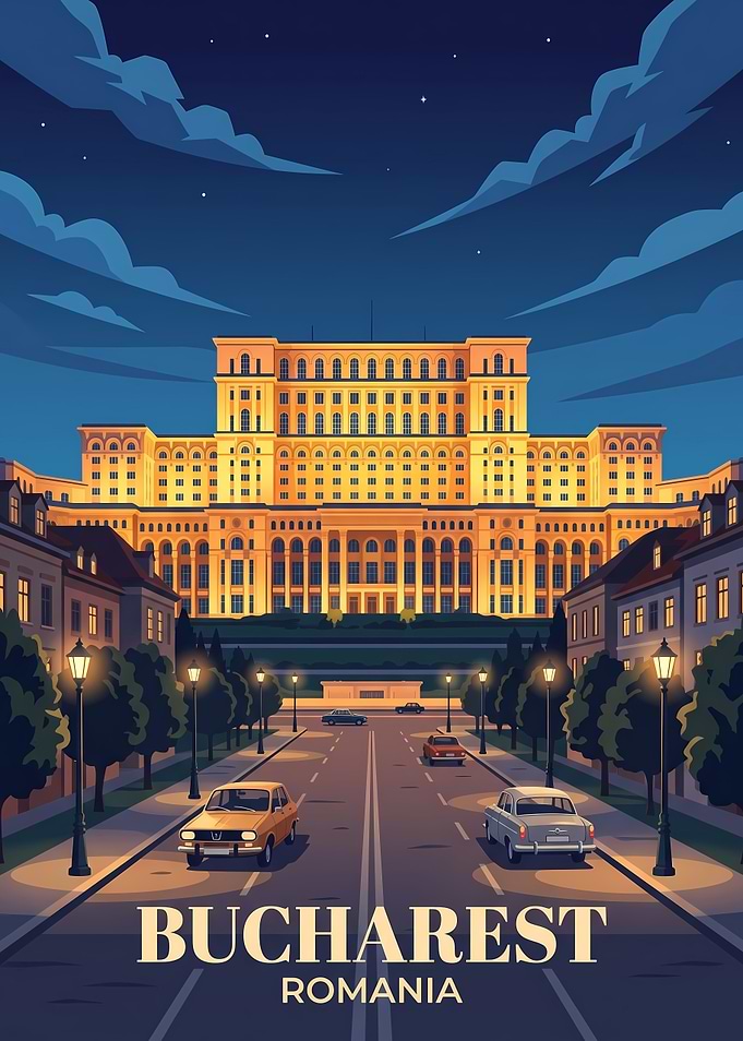 Bucharest Palace of Parliament Night Poster