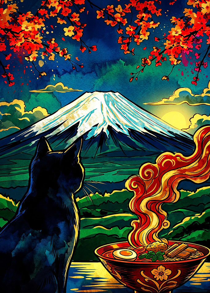 Cat Watching Mount Fuji with Ramen