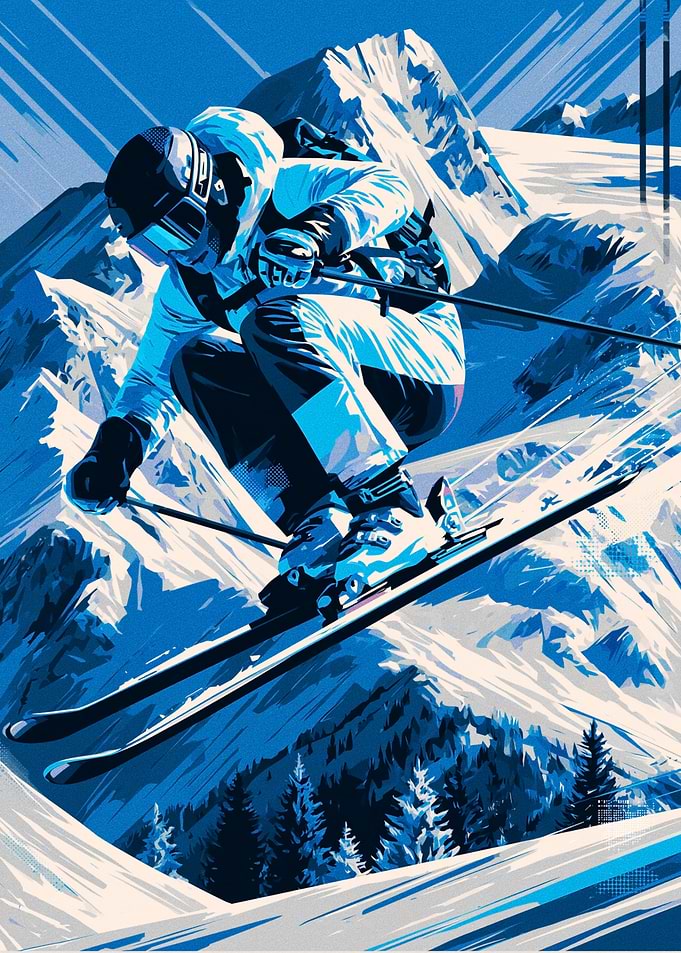 Dynamic Blue Skiing Action Illustration