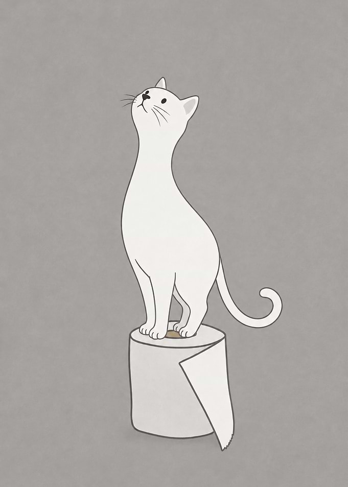 White Cat Standing on Toilet Paper