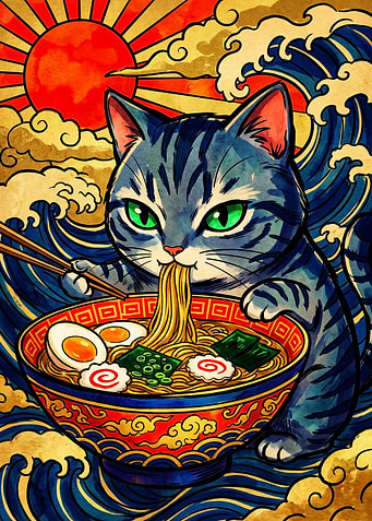 Cat Eating Ramen Ukiyo-e Style