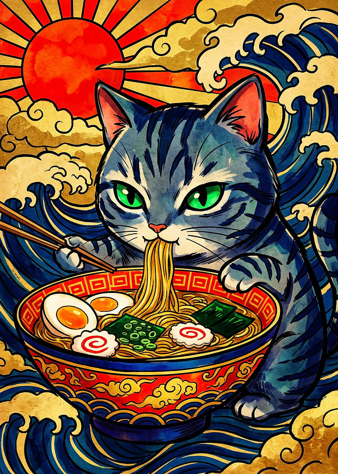 Cat Eating Ramen Ukiyo-e Style