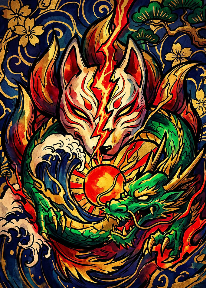 Kitsune Mask and Dragon Japanese Art