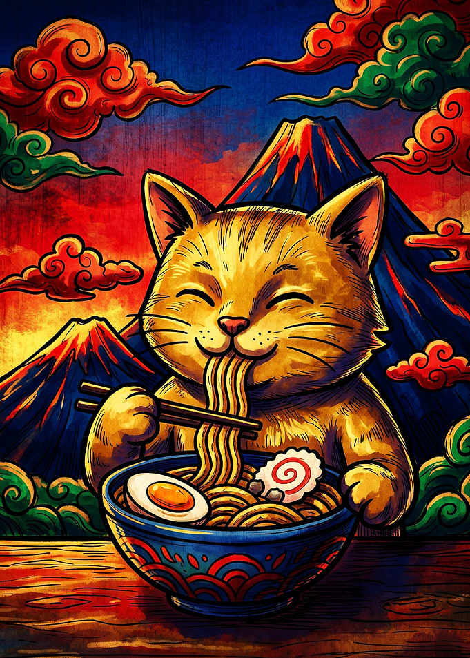 Cat Eating Ramen with Mount Fuji