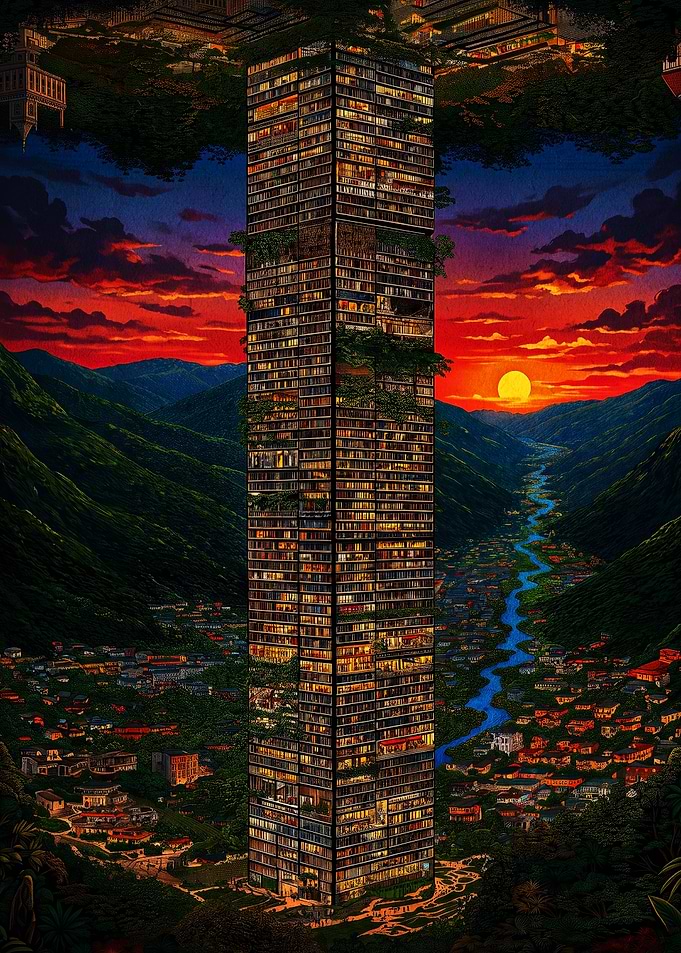 Tower of Books in Mountain Valley