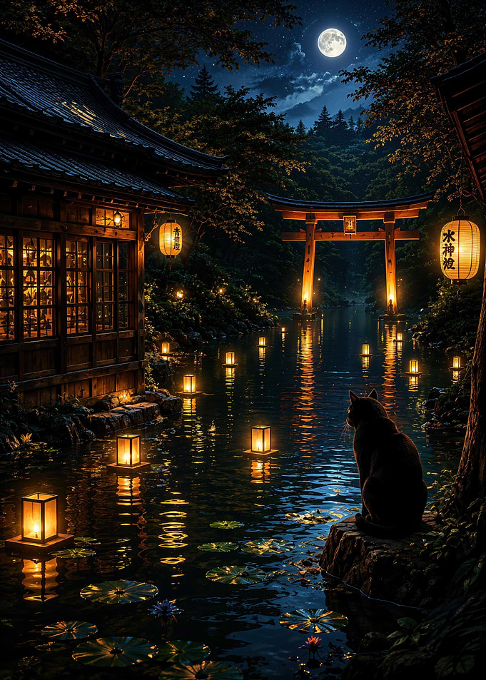 Cat Watching Floating Lanterns at Shrine