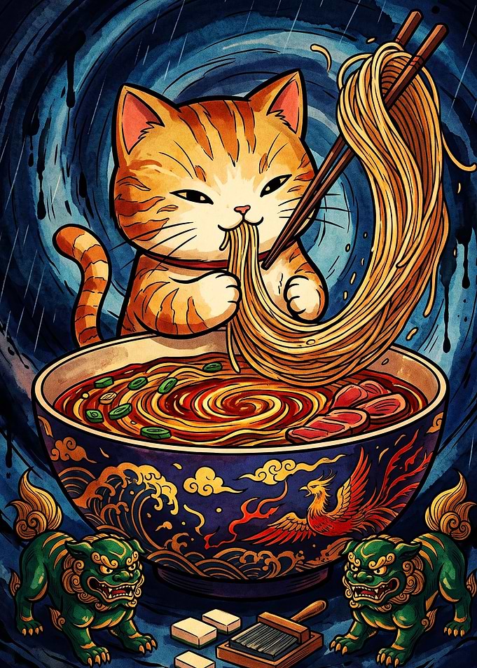 Cute Cat Eating Ramen Illustration