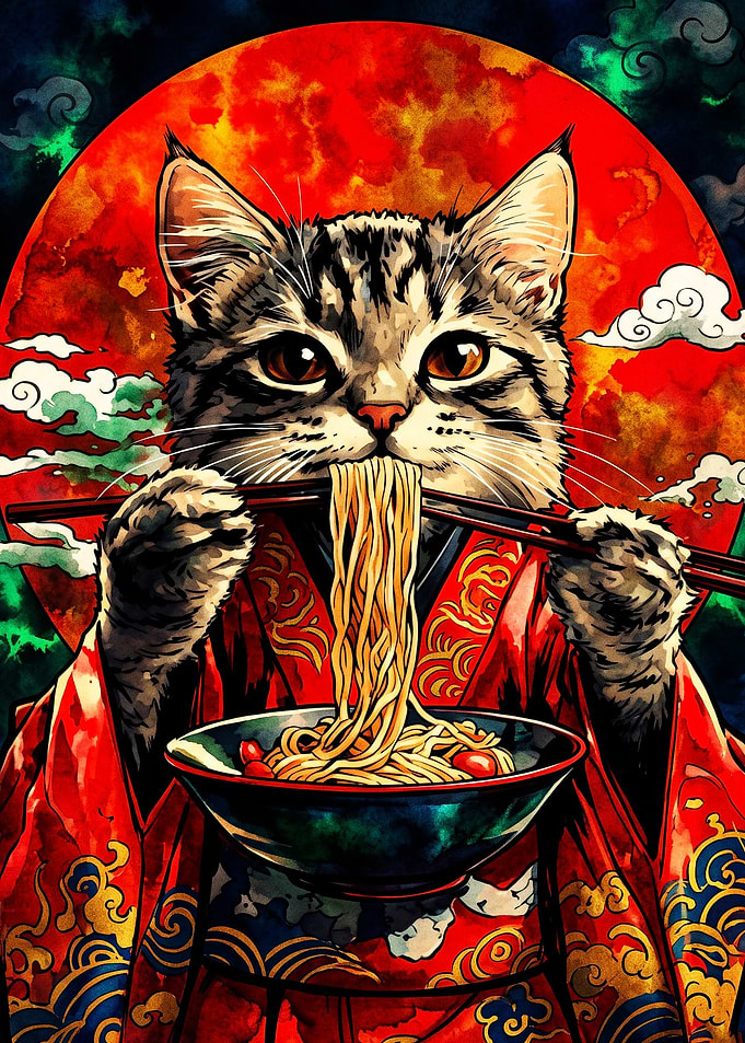 Cat Eating Ramen in Kimono