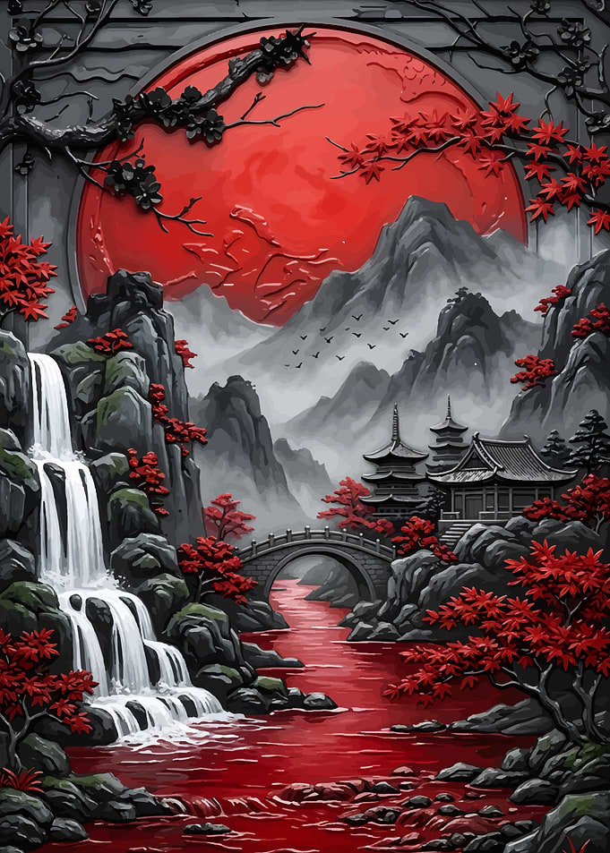 Red Sun Japanese Landscape Art