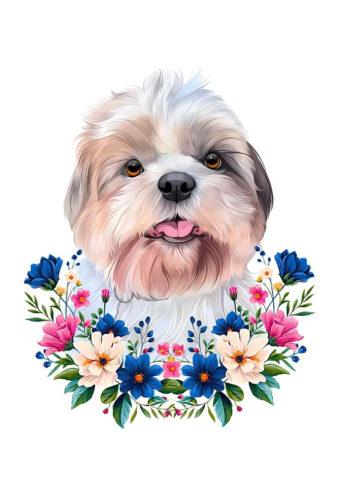 Shih Tzu Portrait with Floral Wreath
