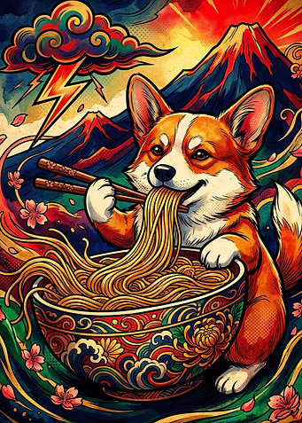 Corgi Eating Ramen Japanese Art