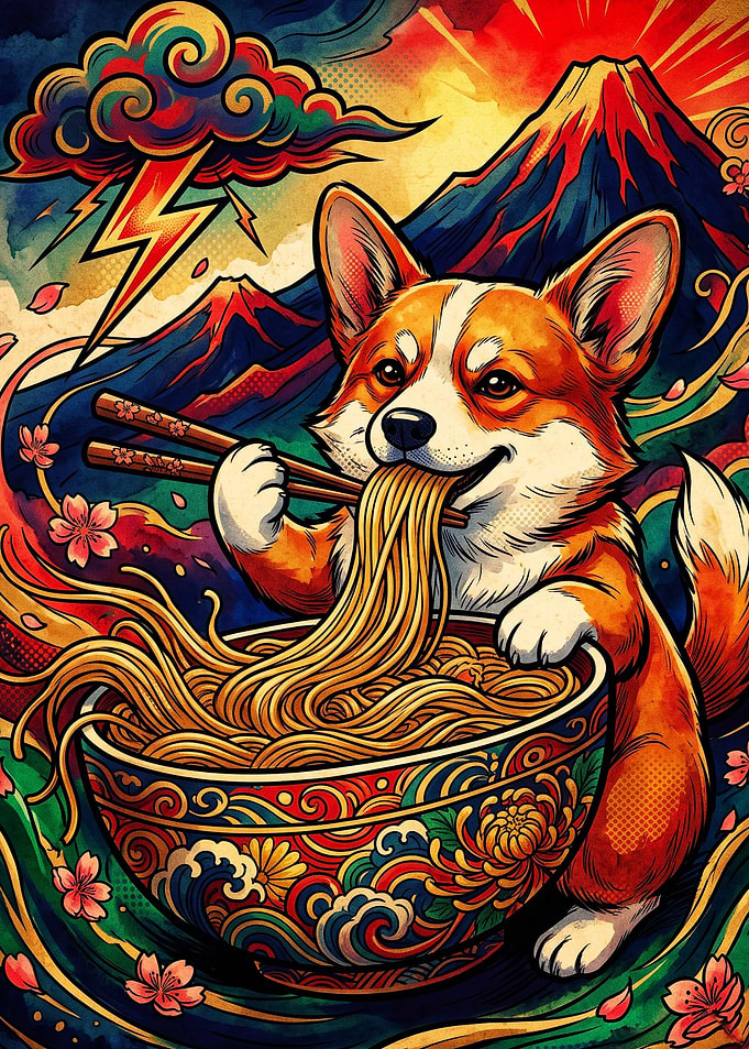 Corgi Eating Ramen Japanese Art