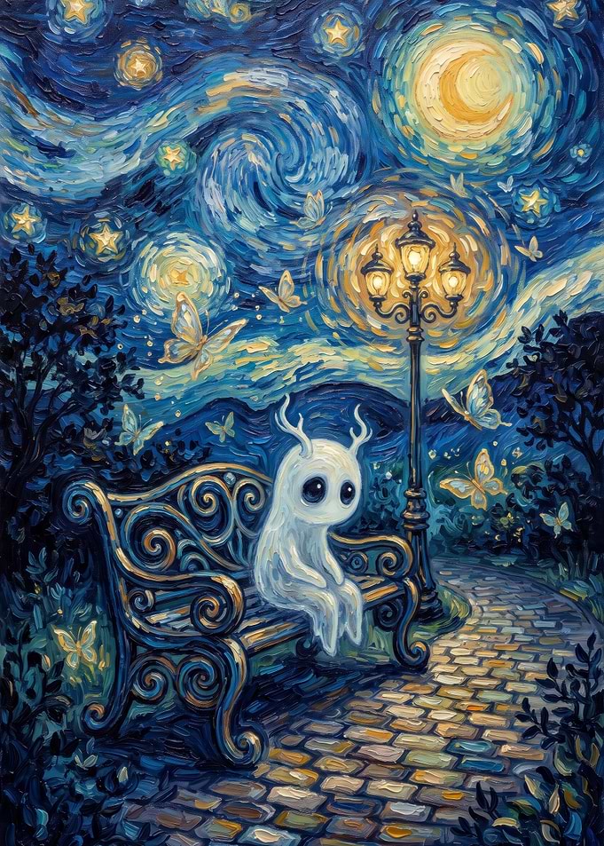 Whimsical Spirit Sitting on Park Bench