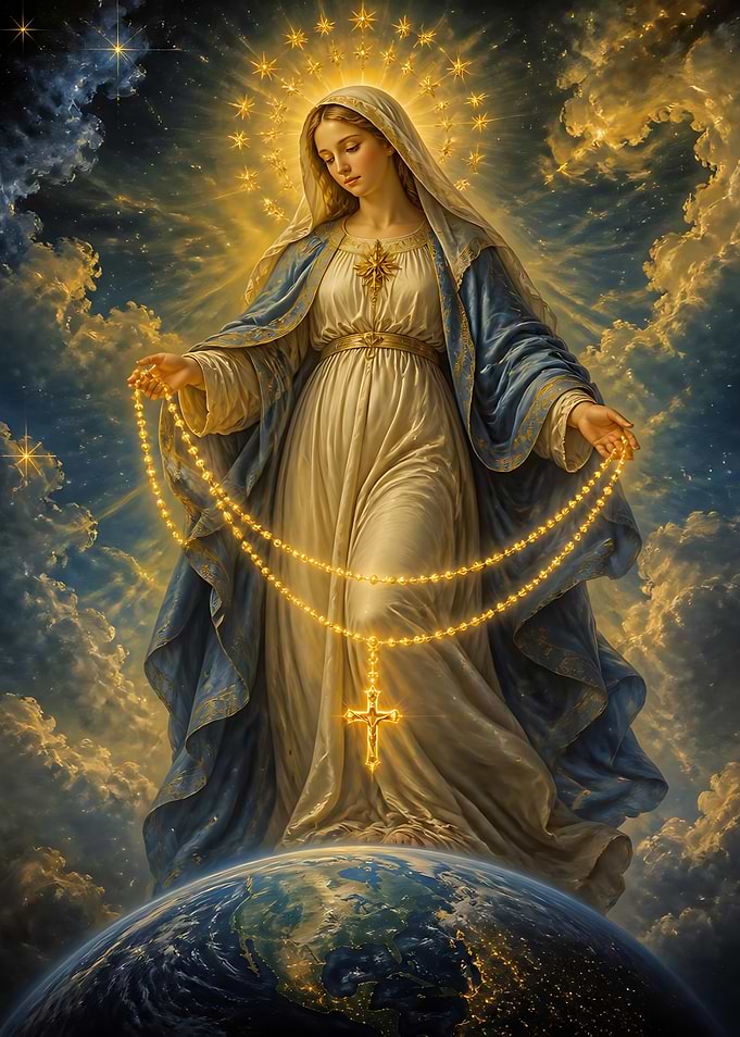 Virgin Mary Holding Glowing Rosary