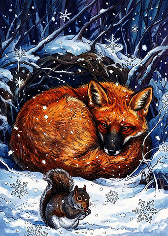 Fox and Squirrel in Winter Forest