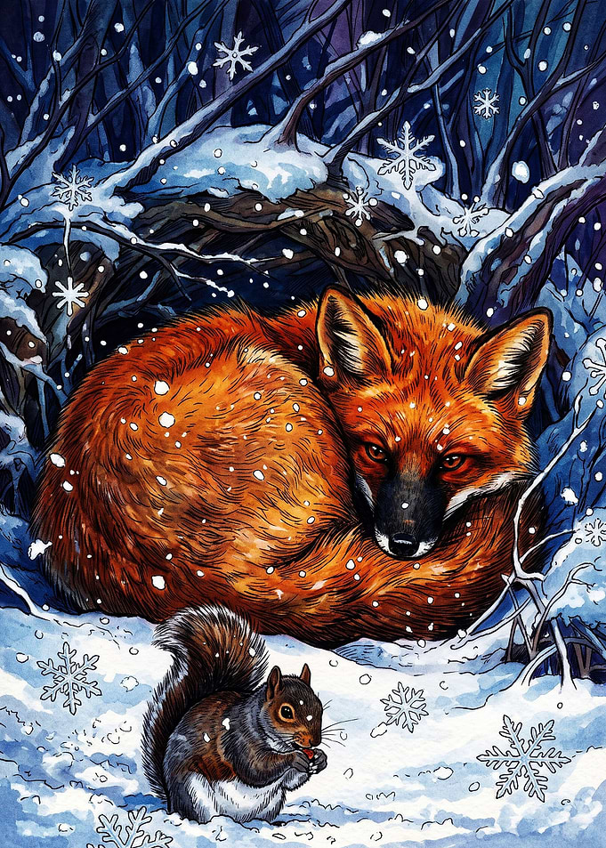 Fox and Squirrel in Winter Forest