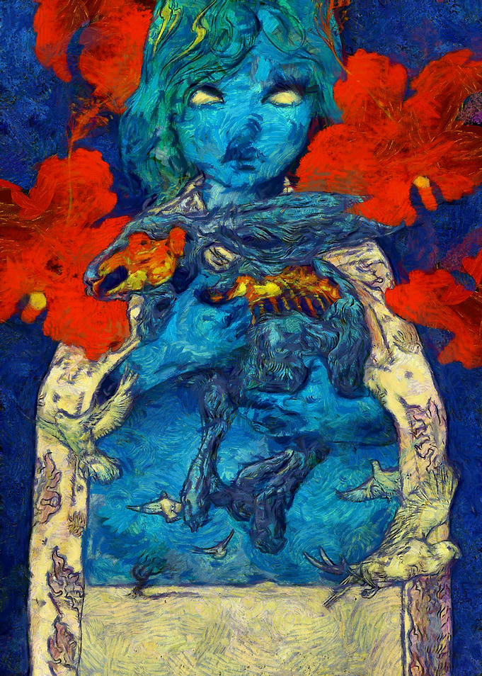 Surreal Blue Figure with Red Flowers