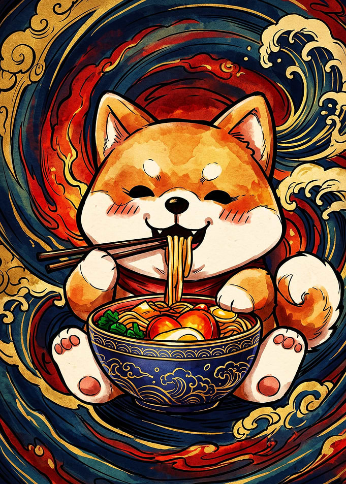 Shiba Inu Eating Ramen Illustration