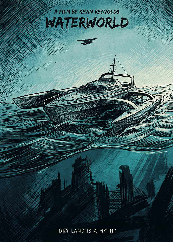 Waterworld Dystopian Ocean Trimaran Sailboat