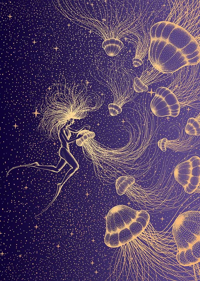 Starry Jellyfish And Diver (Golden Lines & Purple Space)