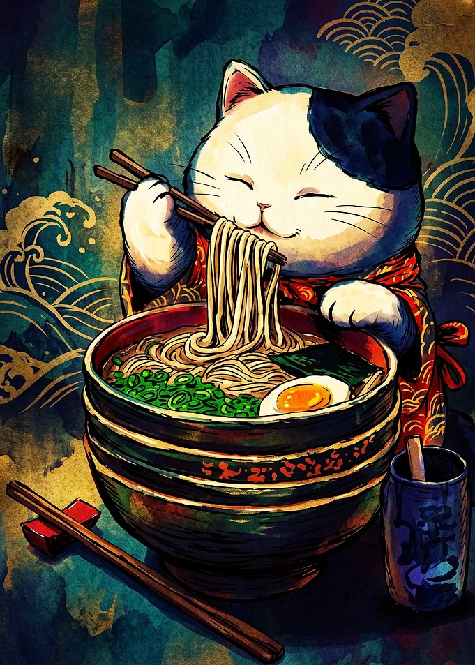 Cute Cat Eating Ramen Illustration