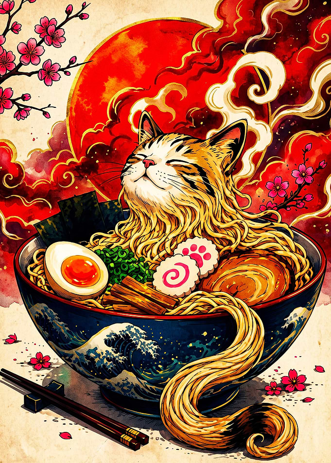 Cat Relaxing in Ramen Bowl
