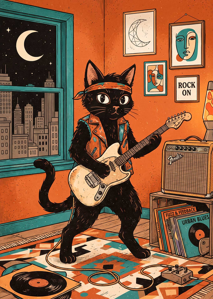 Cool Black Cat Playing Electric Guitar