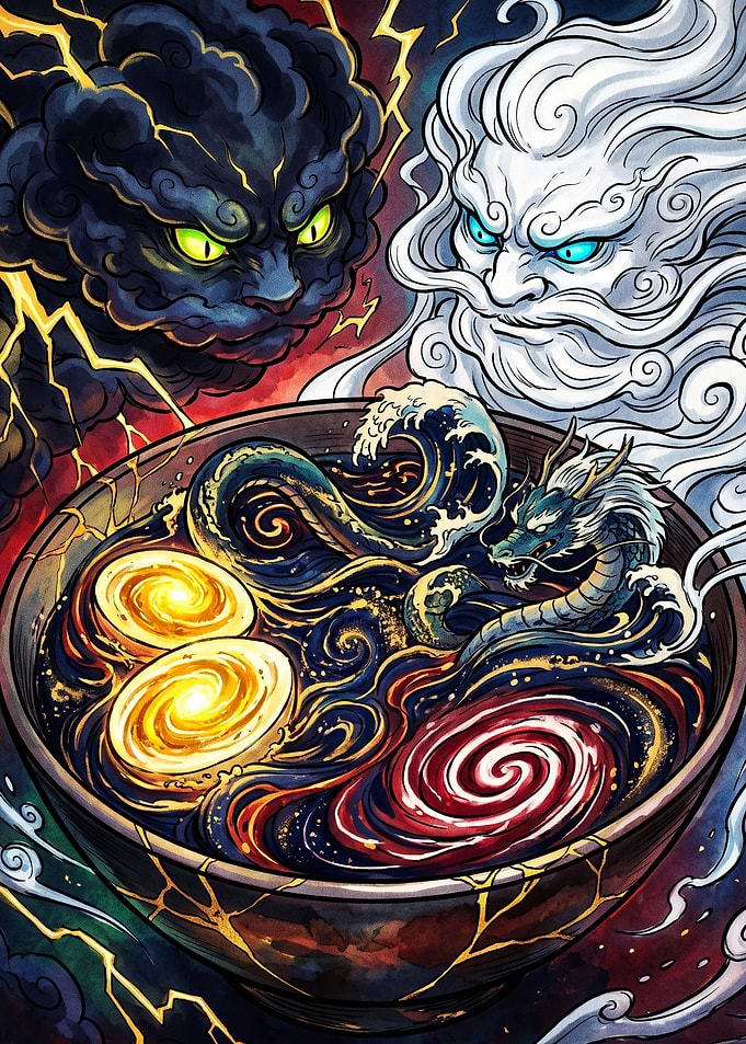Mythical Dragon Ramen Bowl Illustration