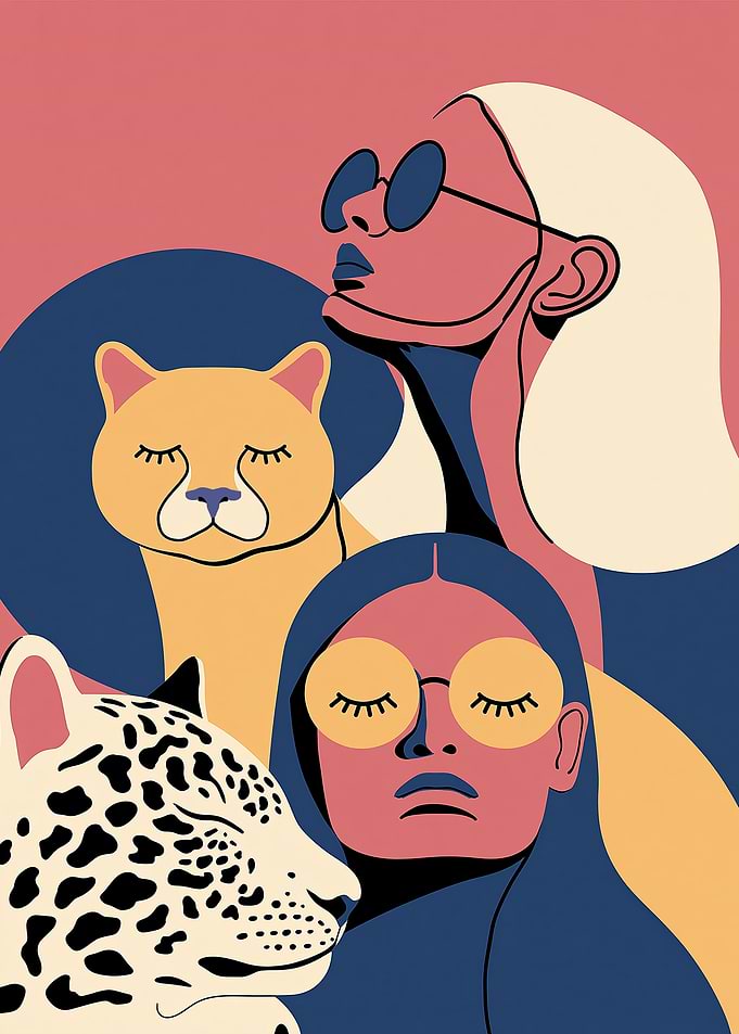 Stylish Women and Big Cats Illustration