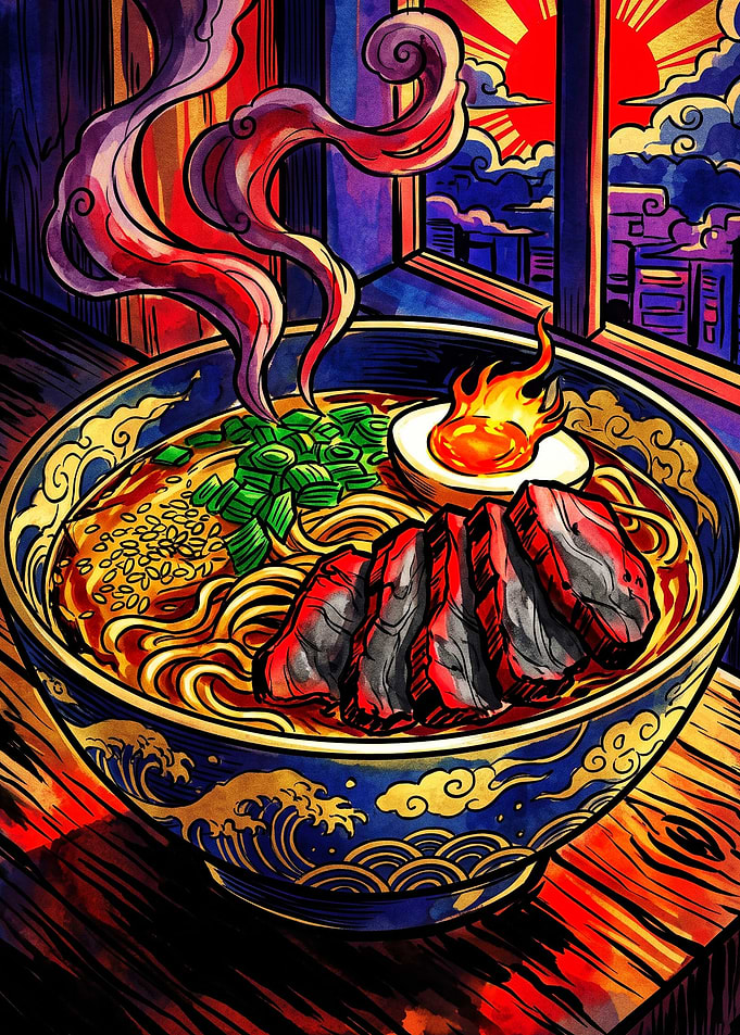Vibrant Flaming Ramen Bowl Illustration